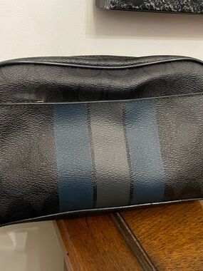 Coach Black Leather Toiletry Bag with Blue Accent Stripes